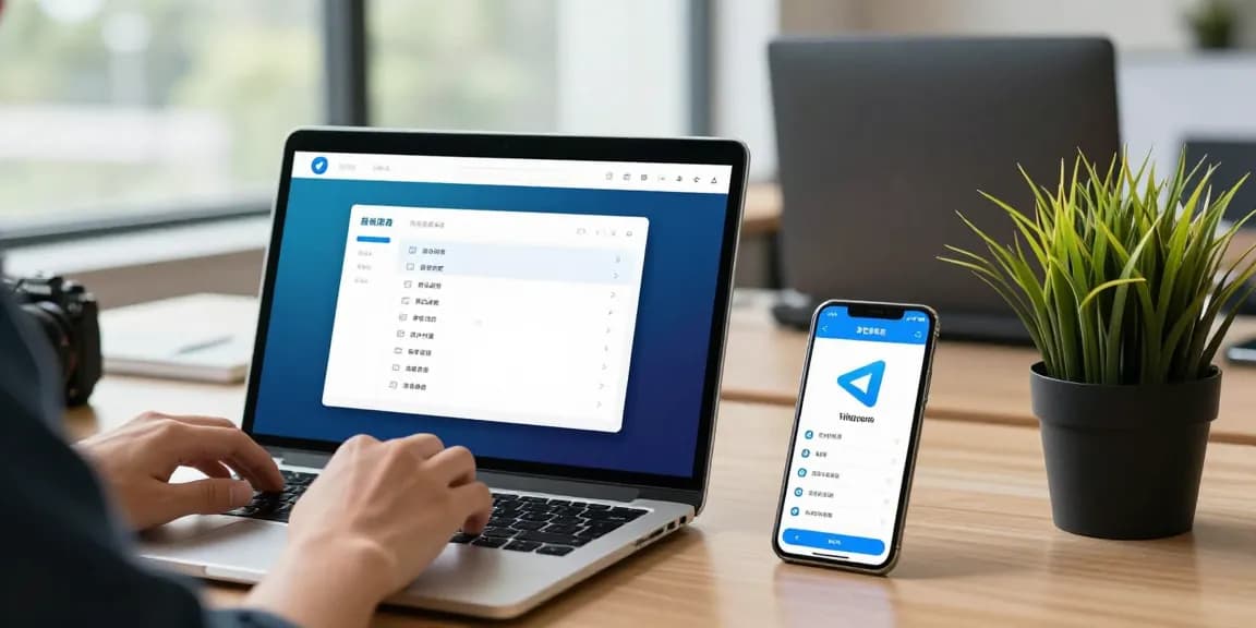 Setting up Telegram Chinese interface on a laptop in a modern office.