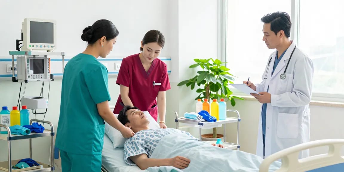 Healthcare professionals in colorful scrubs and nursing supplies caring for a patient in a bright hospital setting.