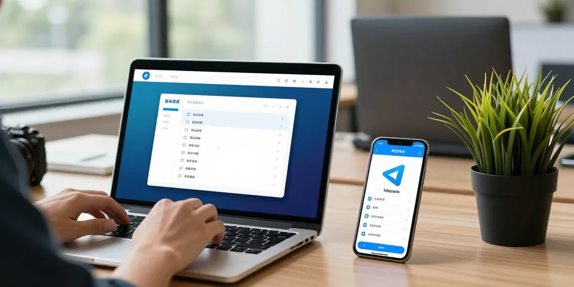 Setting up Telegram Chinese interface on a laptop in a modern office.