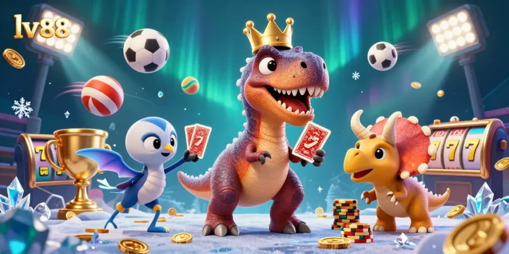 Watch the T-Rex shuffle cards while the pterodactyl helps at lv88 casino, amid sports elements and gold.