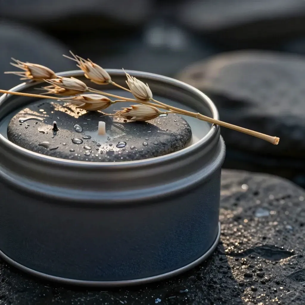 Matte candle tin half-sunk in wet river stone with cedar sprig and oat stems