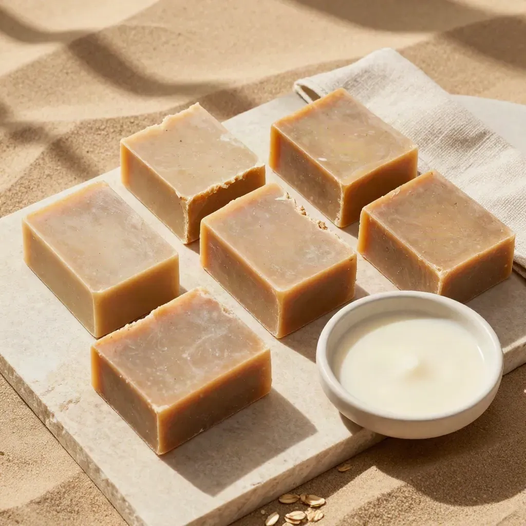 Overhead flatlay of five honey oat soap bars, linen strip, and ceramic dish on pale stone