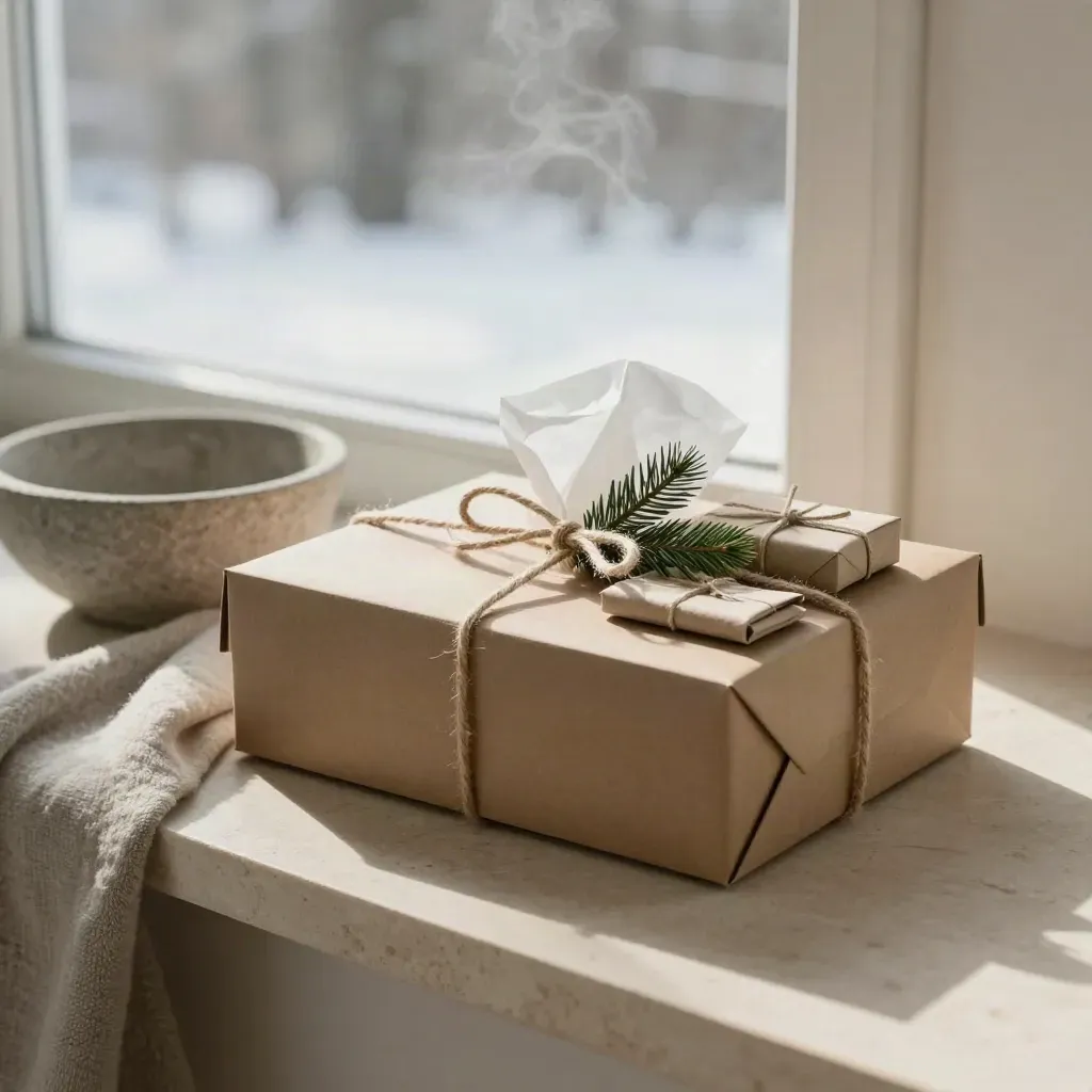 Kraft seasonal gift box with twine, cedar sprig, stone bowl and wool throw in soft window light