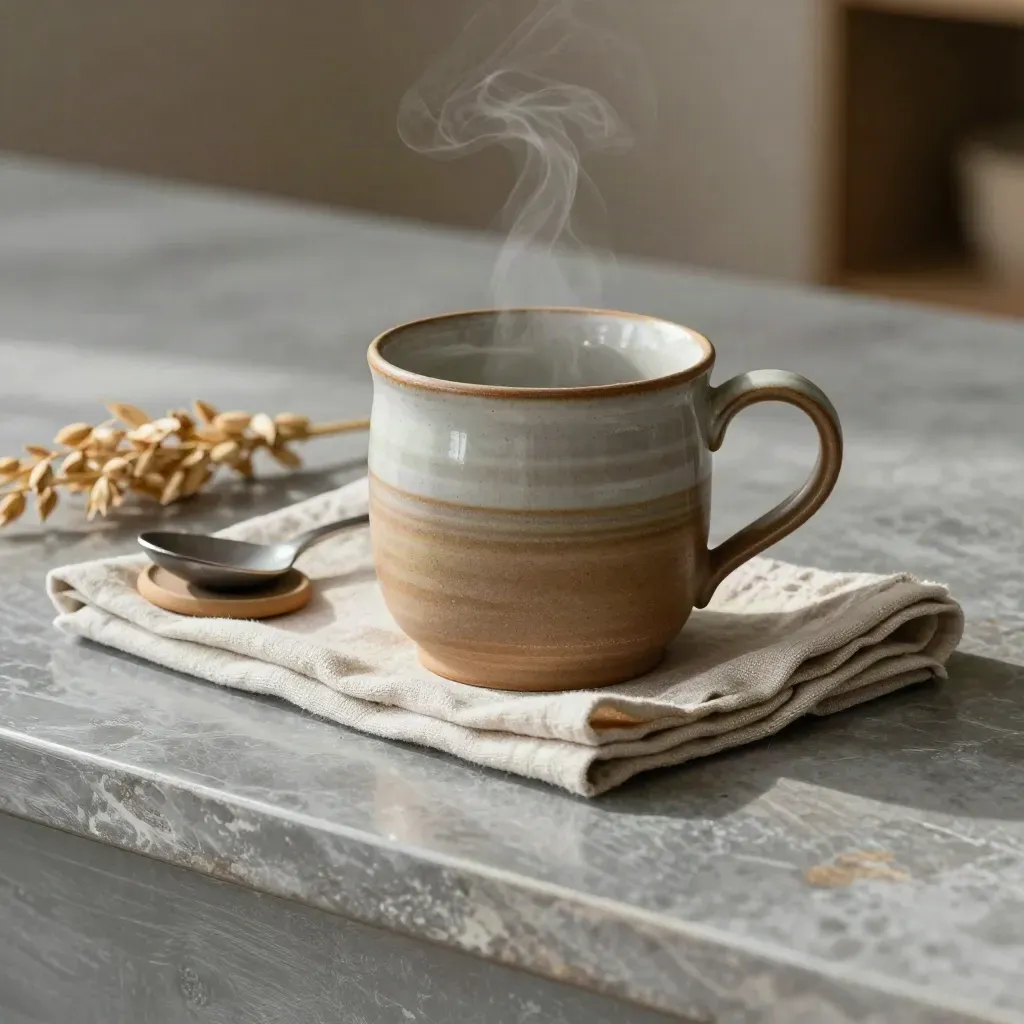 Stoneware mug with linen napkin, spoon rest, tea towel, oat bundle, and rising steam.