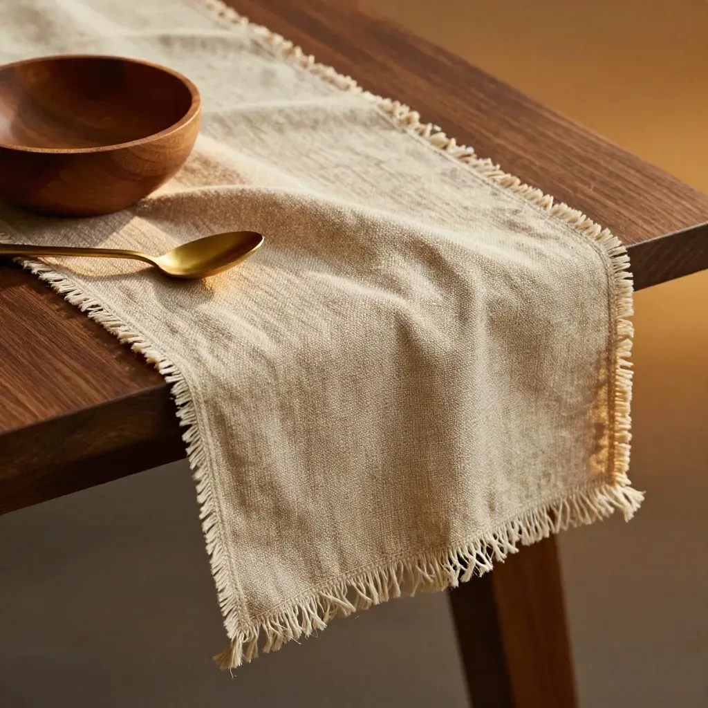 Woven wheat table runner draped with wooden bowl and brass spoon on a dark walnut corner.