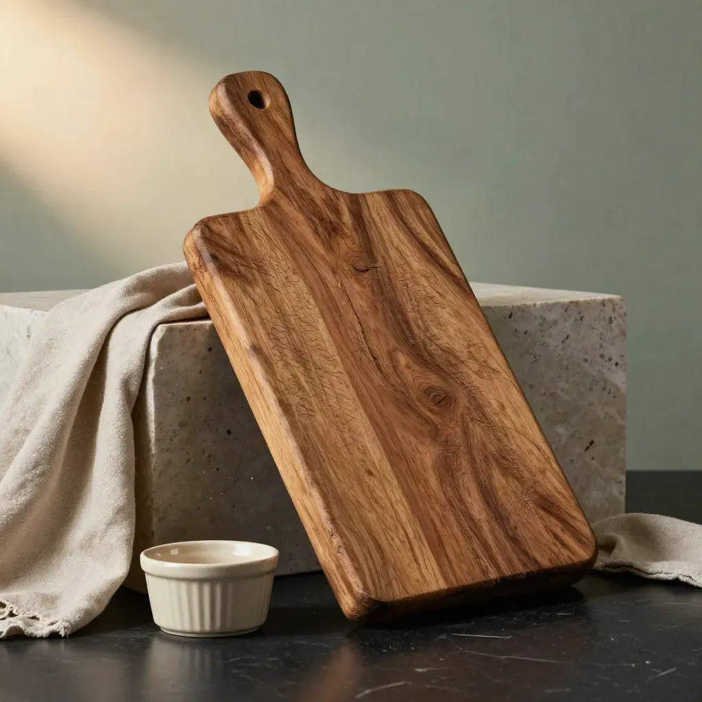 Rustic cutting board with linen and ramekin leaning against stone on a dark studio surface.