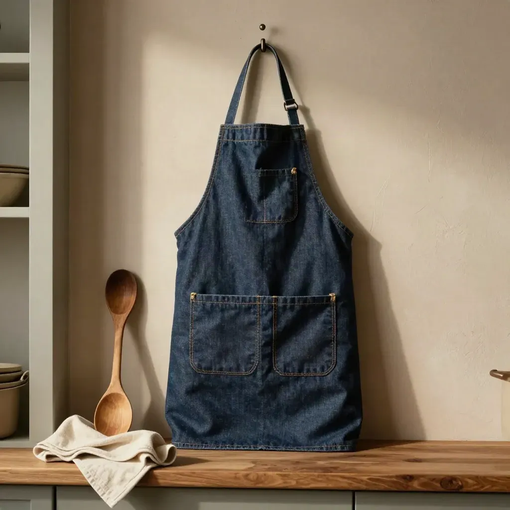Dark denim apron with deep pockets, wooden spoon, and canvas towel on a warm kitchen shelf.