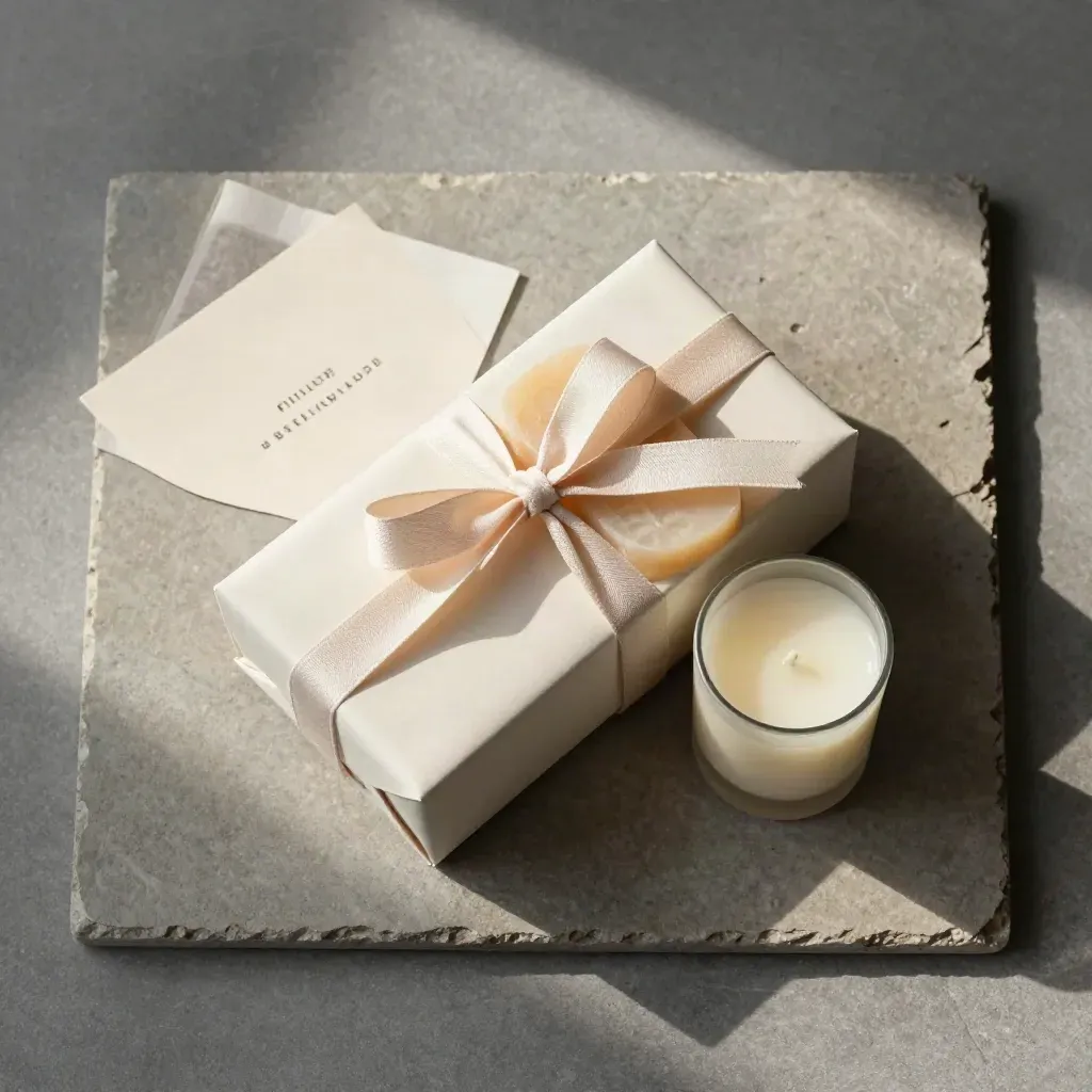 Overhead gift box flatlay with soap slice, candle, ribbon, and cream card on stone