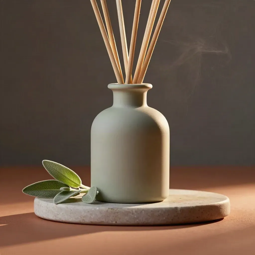Matte sage reed diffuser with reeds, stone tray and sage sprig in warm raking light.