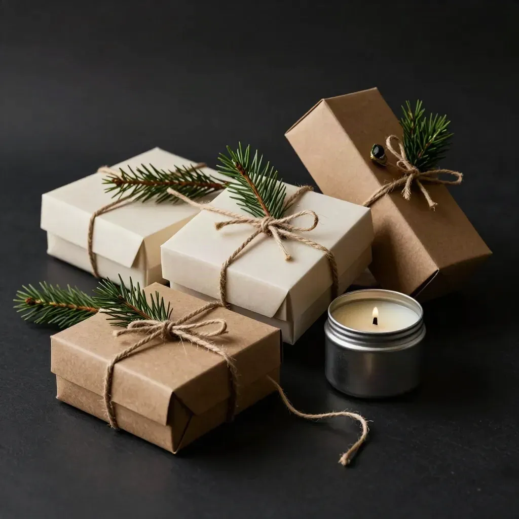 Three gift boxes with cedar sprigs, soap, candle tin, and twine on a dark studio surface.