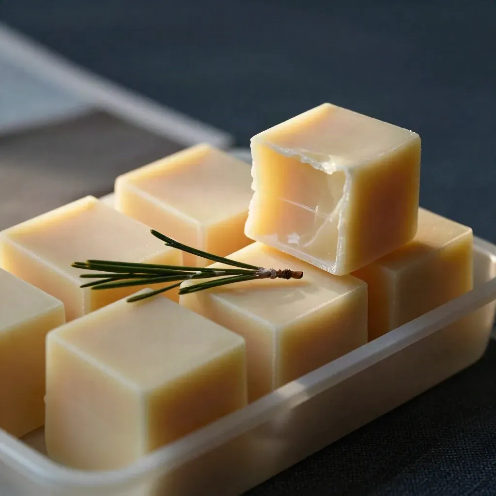 Macro of wax melt cubes with one broken piece and a cedar sprig on a dark field.
