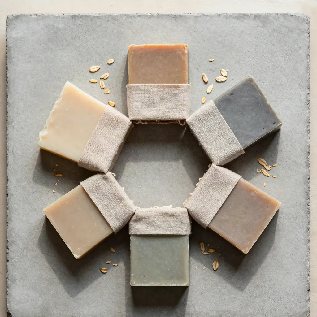 Top-down flatlay of five artisan soap bars with linen and oat husk on concrete.