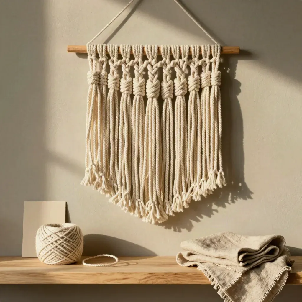 Cotton-cord woven wall hanging on a wooden dowel with cord coil and cream card.