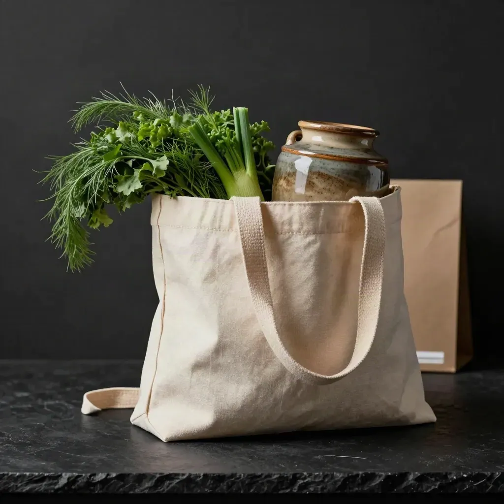 Open canvas market tote stuffed with greens and a ceramic jar on a dark studio surface.