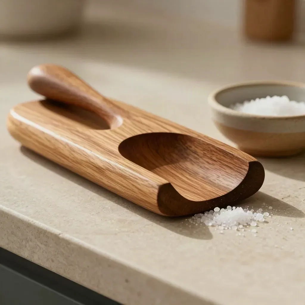 Cedar spoon rest with wooden spoon and clay pinch bowl on pale stone.