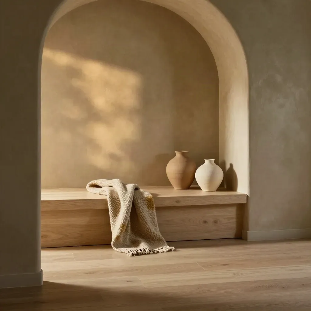Warm timber room with arched alcove, woven throw, and clay ceramics in soft late light.
