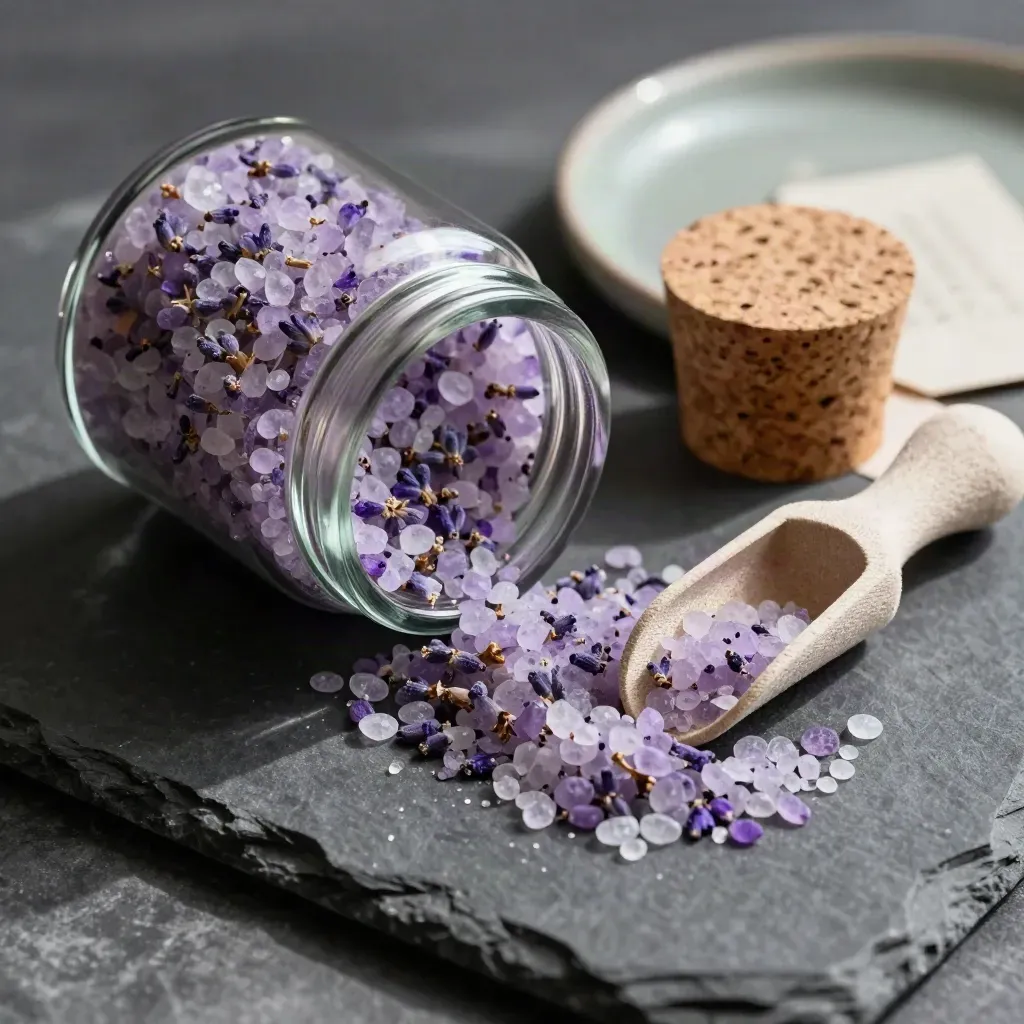 Top-down macro of an open bath salt jar with lavender crystals, cork lid, scoop, and soft diagonal spill.