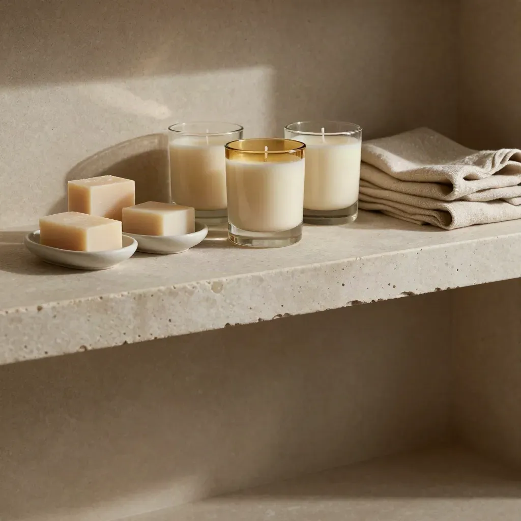 Candle jars and soap dishes on a sunlit limestone shelf with calm copy space.