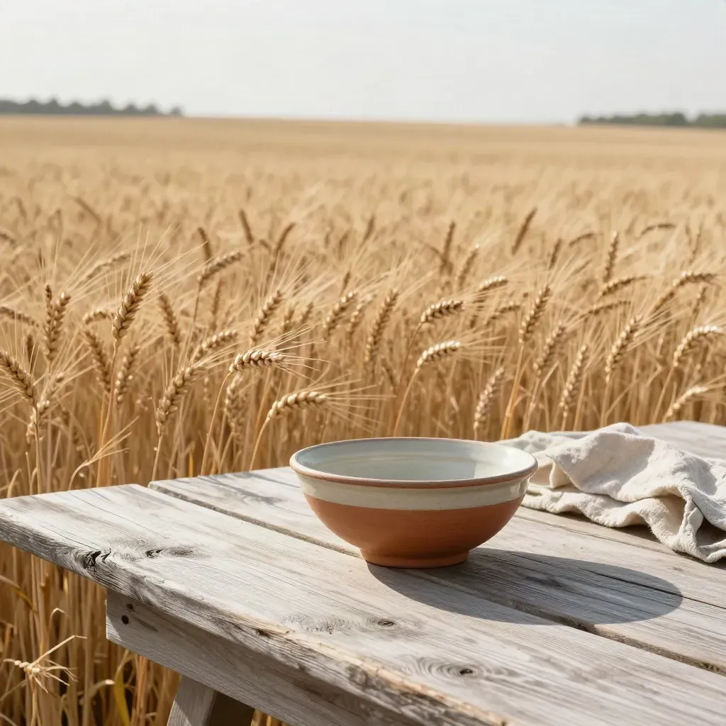 Prairie wheatfield edge with a weathered plank table and ceramic bowl in golden light