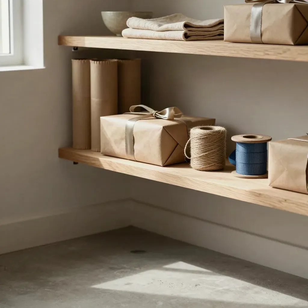 Wrapping nook with kraft paper rolls, blue ribbon, and parcels on open shelves in soft window light.