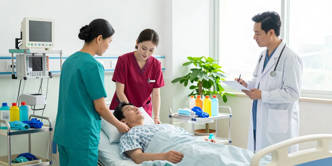 Healthcare professionals in colorful scrubs and nursing supplies caring for a patient in a bright hospital setting.