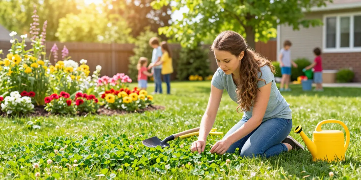 Clover lawns Ottawa with a homeowner tending to a lush green clover lawn surrounded by blooming flowers.