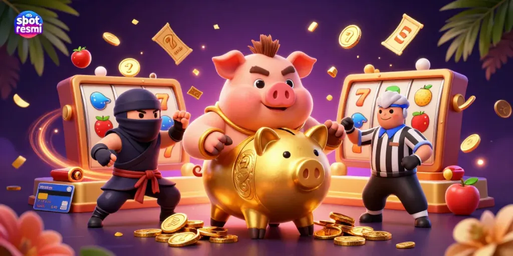 Experience the thrilling world of slot resmi with golden piggy bank sumo wrestler amidst exciting slot elements.