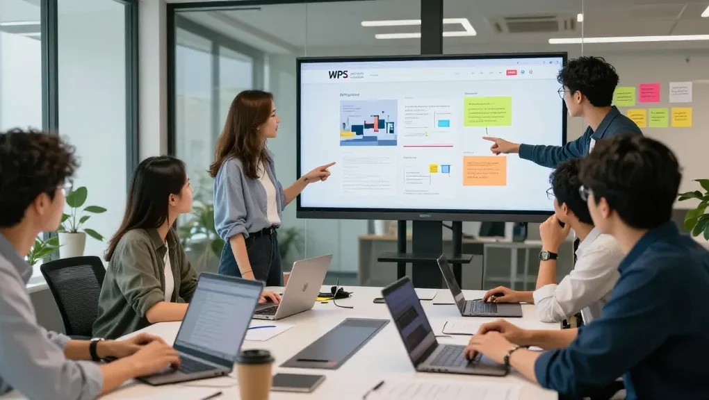 Team collaborating on the WPS Official Website features in a modern office.