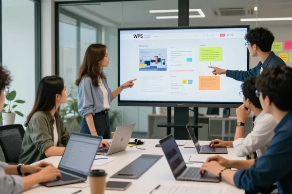 Team collaborating on the WPS Official Website features in a modern office.